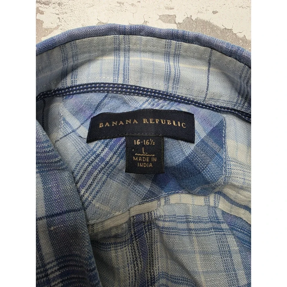 Banana Republic Mens Blue Plaid 100% Linen Long Sleeve Button Down Shirt Large